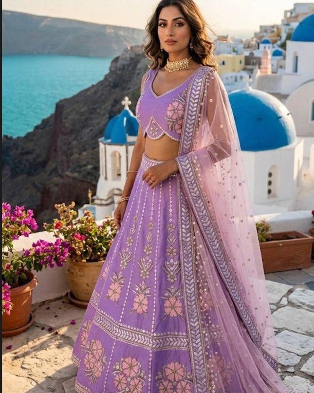 Lavender Heavy Slub Silk Lehenga Choli with Thread, Dori & Rainbow Sequins Work - Rosepetals Luxe