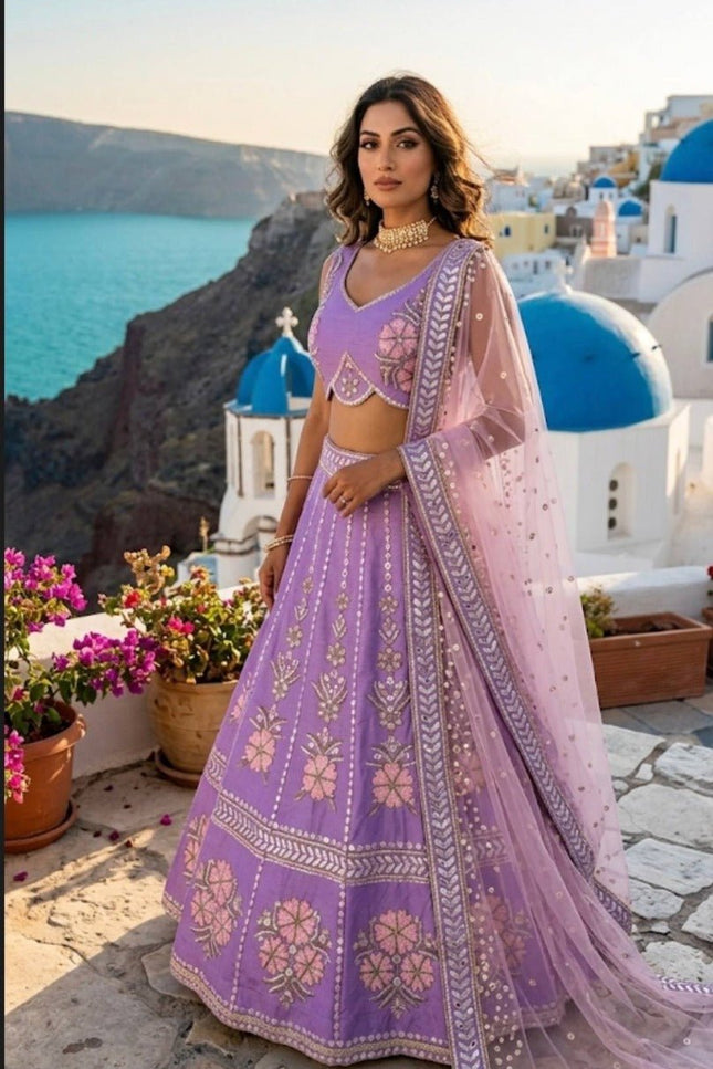 Lavender Heavy Slub Silk Lehenga Choli with Thread, Dori & Rainbow Sequins Work - Rosepetals Luxe