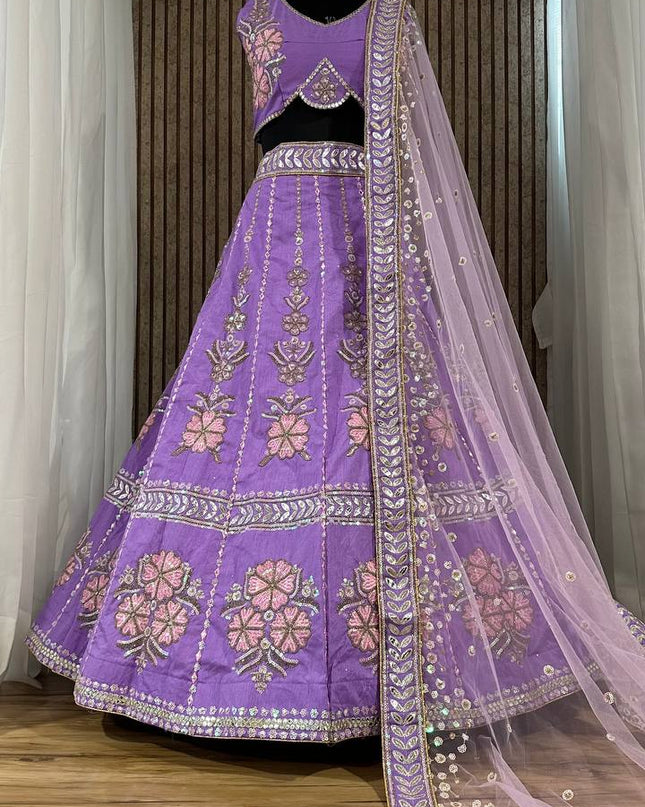 Lavender Heavy Slub Silk Lehenga Choli with Thread, Dori & Rainbow Sequins Work - Rosepetals Luxe