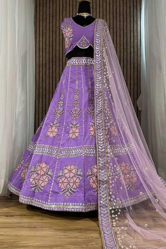 Lavender Heavy Slub Silk Lehenga Choli with Thread, Dori & Rainbow Sequins Work - Rosepetals Luxe