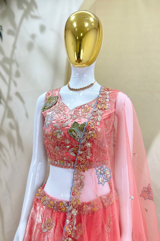 Lehenga Choli Set | Zari Badla Sequence Embroidery with Net Dupatta | Semi-Stitched - Rosepetals Luxe