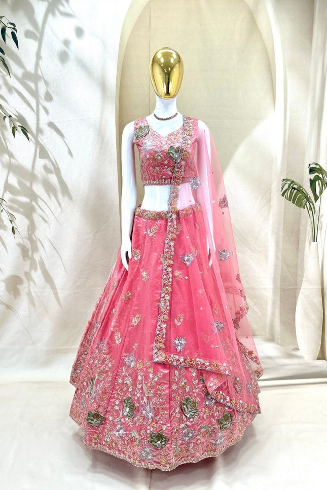 Lehenga Choli Set | Zari Badla Sequence Embroidery with Net Dupatta | Semi-Stitched - Rosepetals Luxe