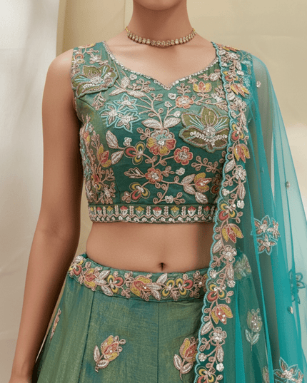 Lehenga Choli Set | Zari Badla Sequence Embroidery with Net Dupatta | Semi-Stitched - Rosepetals Luxe