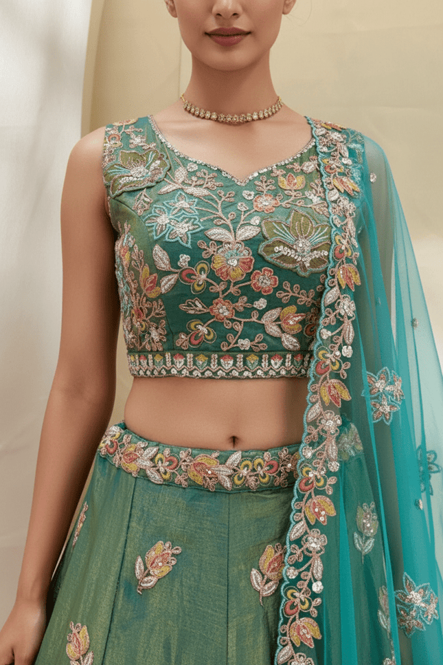 Lehenga Choli Set | Zari Badla Sequence Embroidery with Net Dupatta | Semi-Stitched - Rosepetals Luxe