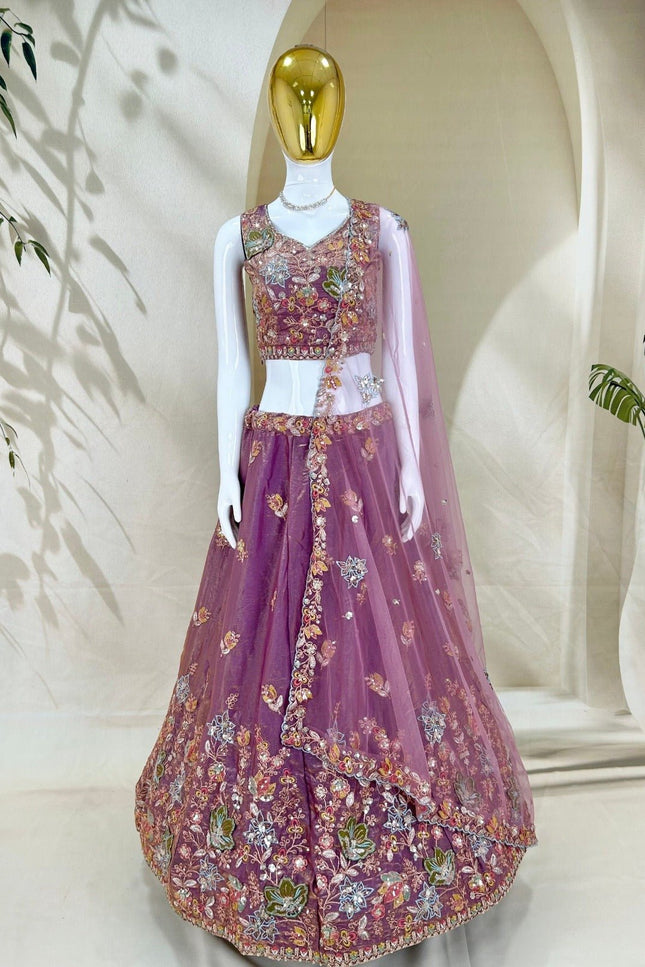 Lehenga Choli Set | Zari Badla Sequence Embroidery with Net Dupatta | Semi-Stitched - Rosepetals Luxe
