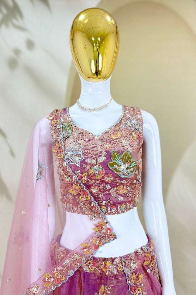 Lehenga Choli Set | Zari Badla Sequence Embroidery with Net Dupatta | Semi-Stitched - Rosepetals Luxe
