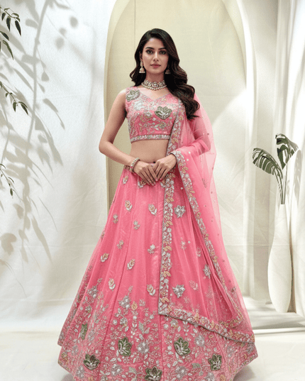 Lehenga Choli Set | Zari Badla Sequence Embroidery with Net Dupatta | Semi-Stitched - Rosepetals Luxe