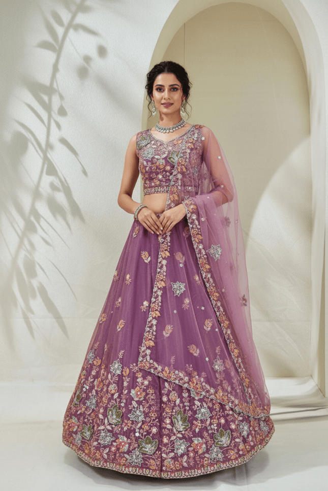 Lehenga Choli Set | Zari Badla Sequence Embroidery with Net Dupatta | Semi-Stitched - Rosepetals Luxe