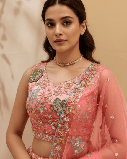 Lehenga Choli Set | Zari Badla Sequence Embroidery with Net Dupatta | Semi-Stitched - Rosepetals Luxe