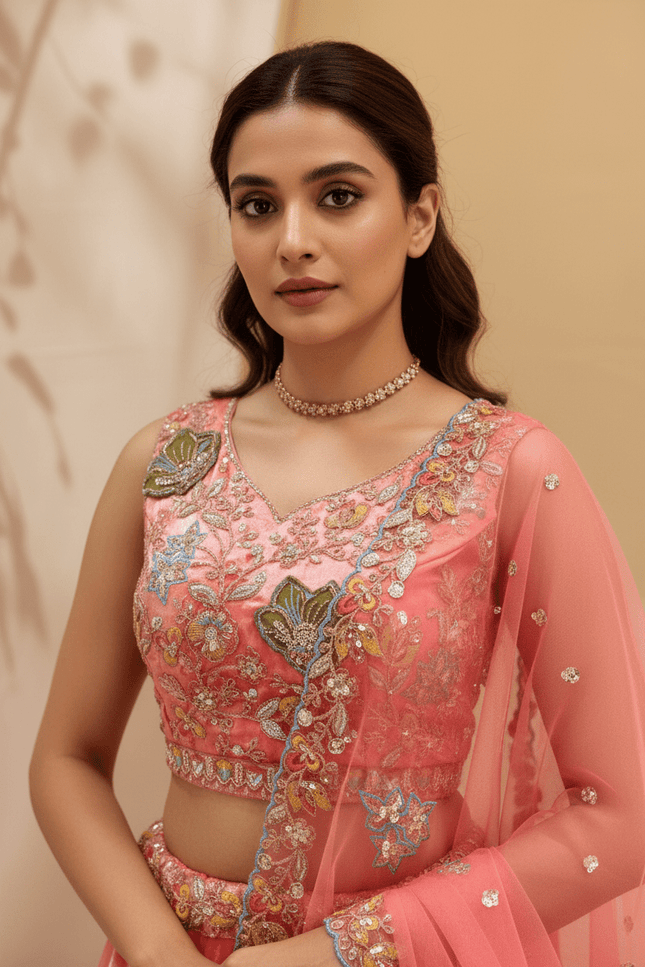 Lehenga Choli Set | Zari Badla Sequence Embroidery with Net Dupatta | Semi-Stitched - Rosepetals Luxe