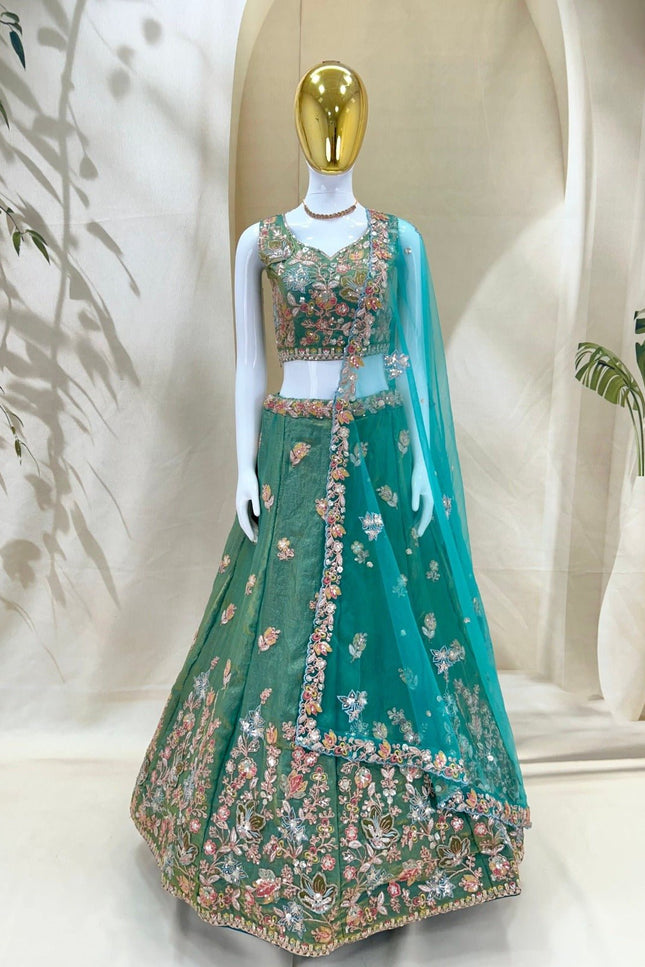 Lehenga Choli Set | Zari Badla Sequence Embroidery with Net Dupatta | Semi-Stitched - Rosepetals Luxe