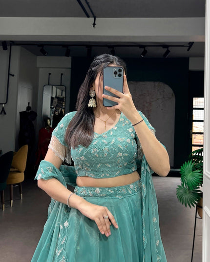 Lehenga With Beads & Thread Embroidery Work | Semi - Stitched - Perfect Party Wear - Rosepetals Luxe