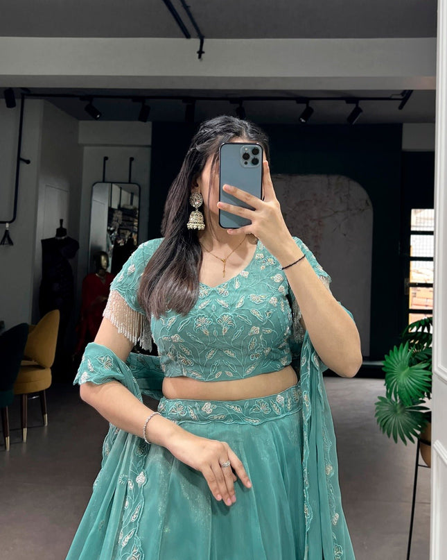Lehenga With Beads & Thread Embroidery Work | Semi - Stitched - Perfect Party Wear - Rosepetals Luxe