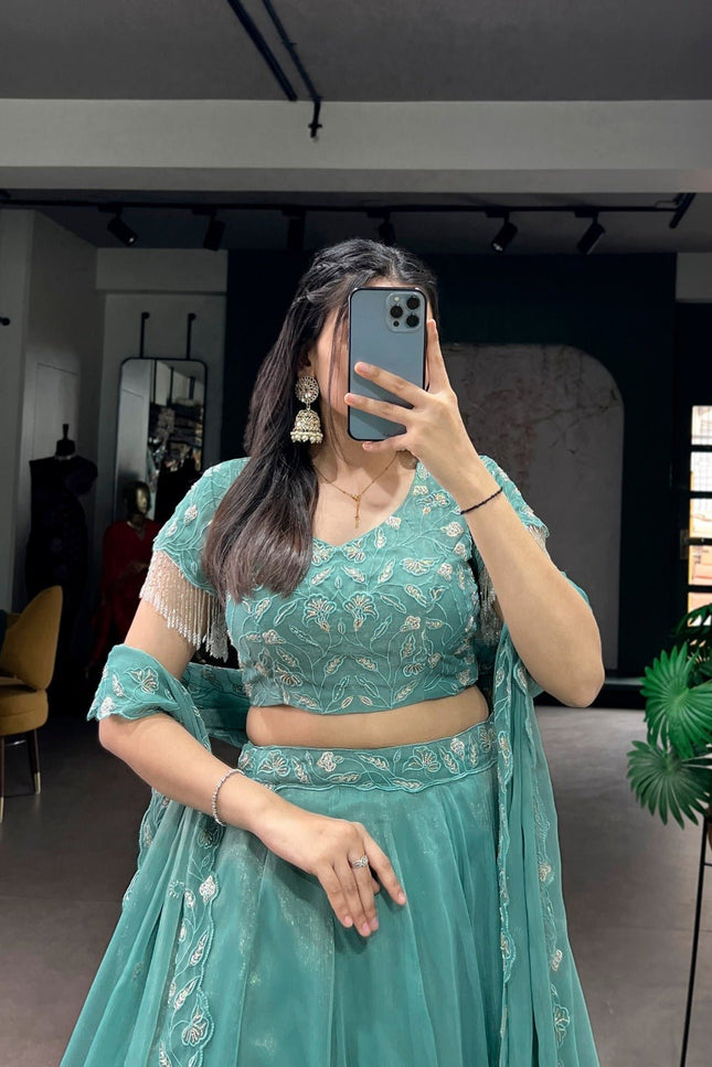 Lehenga With Beads & Thread Embroidery Work | Semi - Stitched - Perfect Party Wear - Rosepetals Luxe