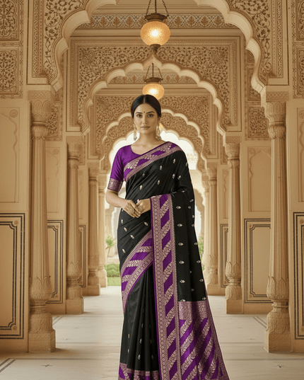 Lichi Tussar Silk Saree | Plant & Flower Butta Weave | Kanchipuram Contrast Border - Rosepetals Luxe