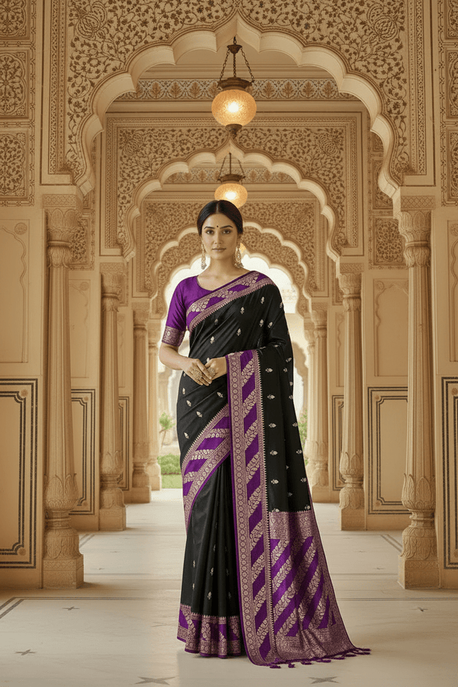 Lichi Tussar Silk Saree | Plant & Flower Butta Weave | Kanchipuram Contrast Border - Rosepetals Luxe