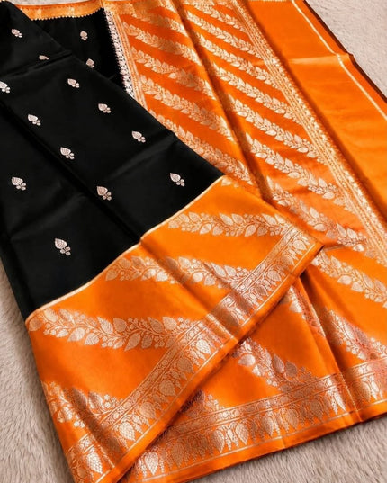 Lichi Tussar Silk Saree | Plant & Flower Butta Weave | Kanchipuram Contrast Border - Rosepetals Luxe