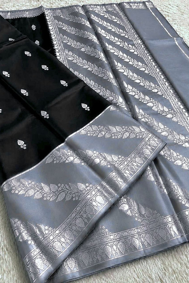 Lichi Tussar Silk Saree | Plant & Flower Butta Weave | Kanchipuram Contrast Border - Rosepetals Luxe