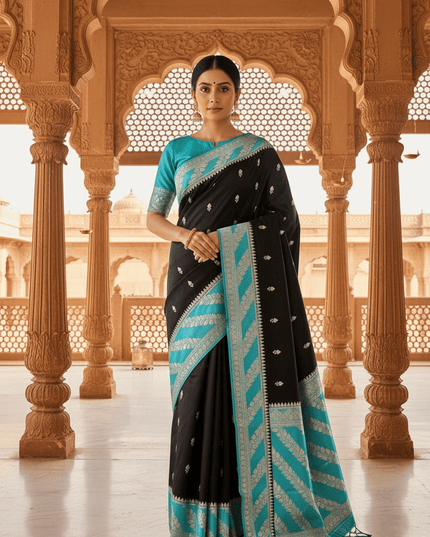 Lichi Tussar Silk Saree | Plant & Flower Butta Weave | Kanchipuram Contrast Border - Rosepetals Luxe