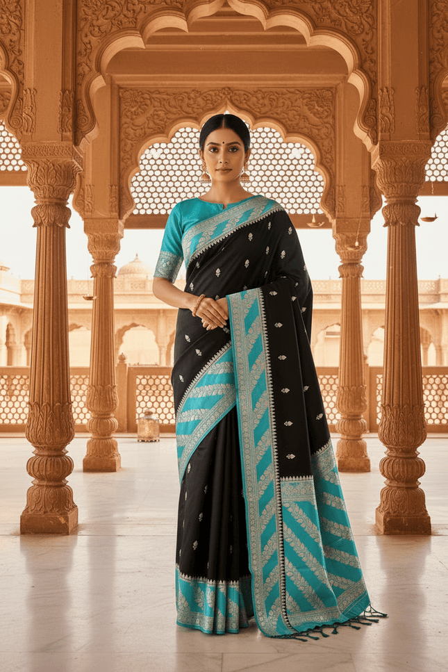 Lichi Tussar Silk Saree | Plant & Flower Butta Weave | Kanchipuram Contrast Border - Rosepetals Luxe