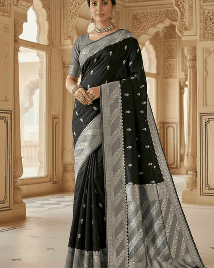 Lichi Tussar Silk Saree | Plant & Flower Butta Weave | Kanchipuram Contrast Border - Rosepetals Luxe