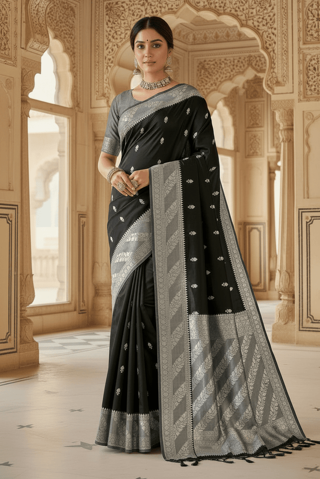 Lichi Tussar Silk Saree | Plant & Flower Butta Weave | Kanchipuram Contrast Border - Rosepetals Luxe