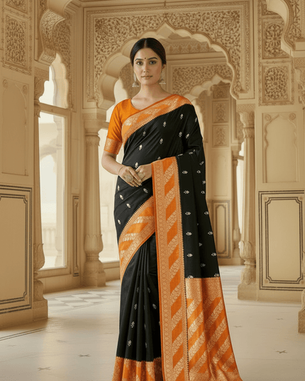 Lichi Tussar Silk Saree | Plant & Flower Butta Weave | Kanchipuram Contrast Border - Rosepetals Luxe