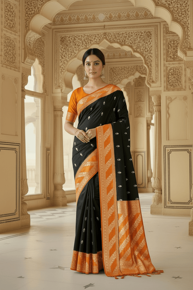 Lichi Tussar Silk Saree | Plant & Flower Butta Weave | Kanchipuram Contrast Border - Rosepetals Luxe
