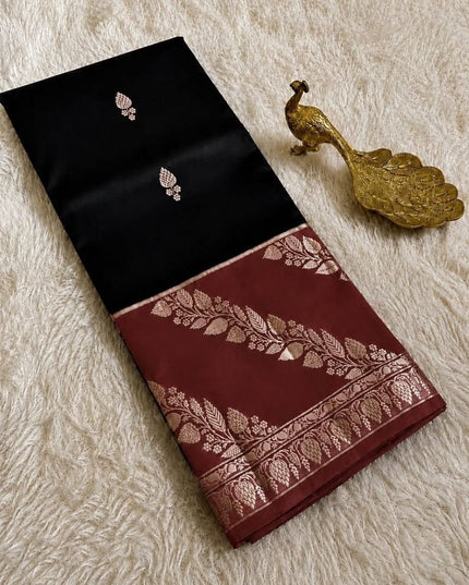 Lichi Tussar Silk Saree | Plant & Flower Butta Weave | Kanchipuram Contrast Border - Rosepetals Luxe