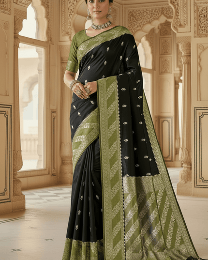Lichi Tussar Silk Saree | Plant & Flower Butta Weave | Kanchipuram Contrast Border - Rosepetals Luxe