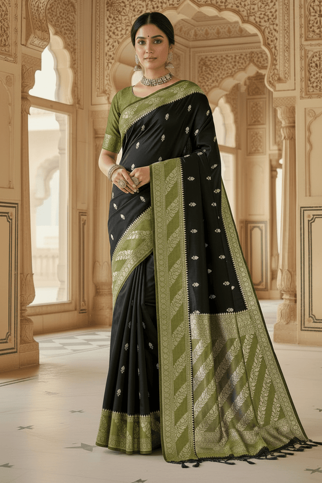 Lichi Tussar Silk Saree | Plant & Flower Butta Weave | Kanchipuram Contrast Border - Rosepetals Luxe