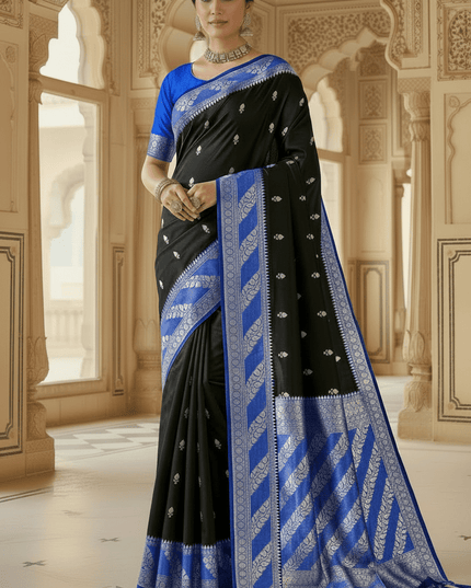 Lichi Tussar Silk Saree | Plant & Flower Butta Weave | Kanchipuram Contrast Border - Rosepetals Luxe