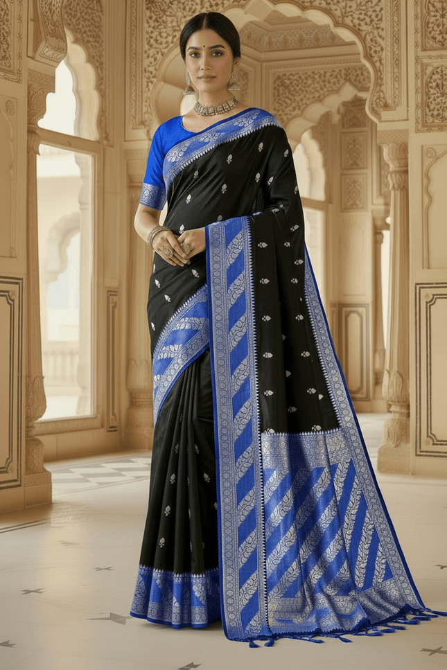 Lichi Tussar Silk Saree | Plant & Flower Butta Weave | Kanchipuram Contrast Border - Rosepetals Luxe