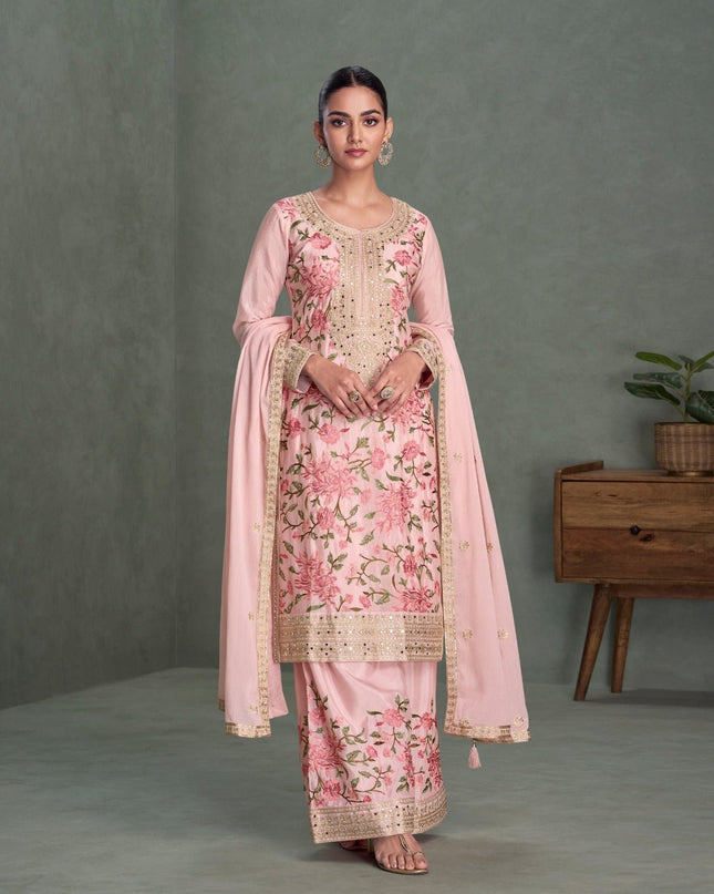 Light Pink Chinon Embroidered Kurta Palazzo Set with Dupatta - Rosepetals Luxe