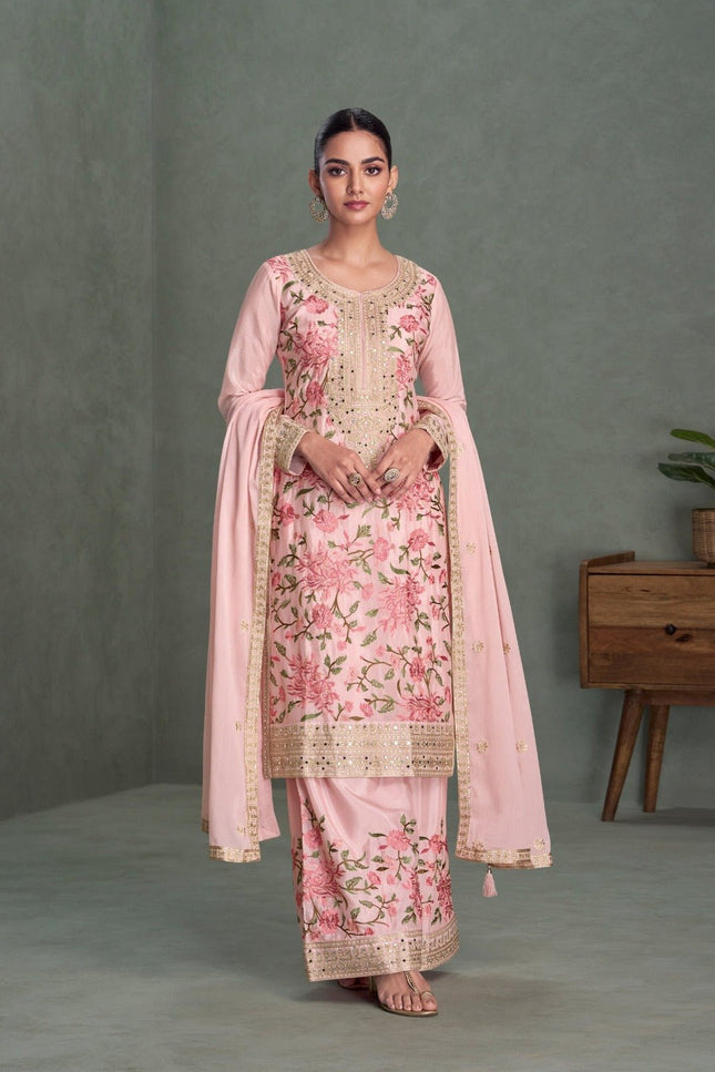 Light Pink Chinon Embroidered Kurta Palazzo Set with Dupatta - Rosepetals Luxe
