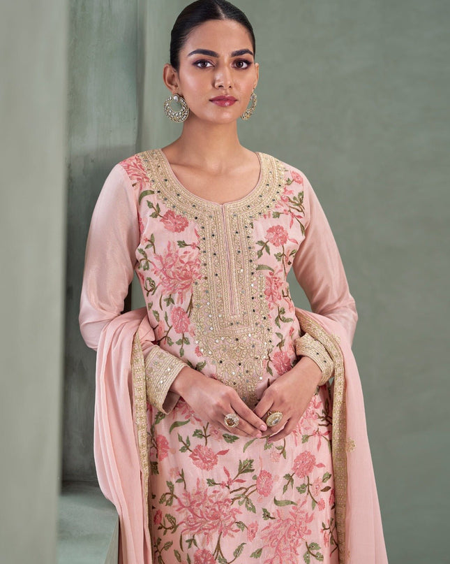Light Pink Chinon Embroidered Kurta Palazzo Set with Dupatta - Rosepetals Luxe