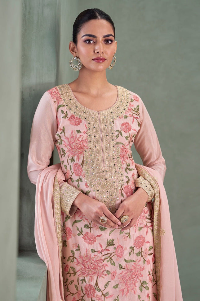Light Pink Chinon Embroidered Kurta Palazzo Set with Dupatta - Rosepetals Luxe