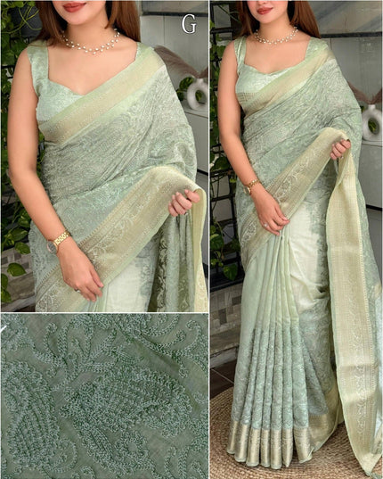 Linen Cotton Saree with Chikankari Thread Embroidery, Zari Weaving Border and Jacquard Pallu with Tassels - Rosepetals Luxe