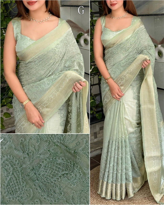 Linen Cotton Saree with Chikankari Thread Embroidery, Zari Weaving Border and Jacquard Pallu with Tassels - Rosepetals Luxe