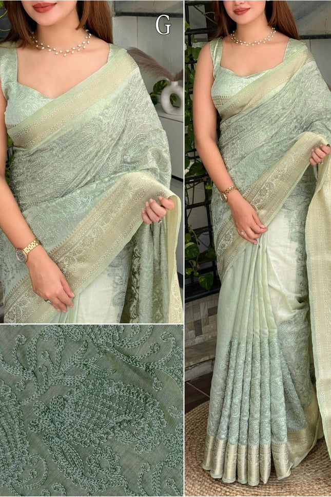 Linen Cotton Saree with Chikankari Thread Embroidery, Zari Weaving Border and Jacquard Pallu with Tassels - Rosepetals Luxe
