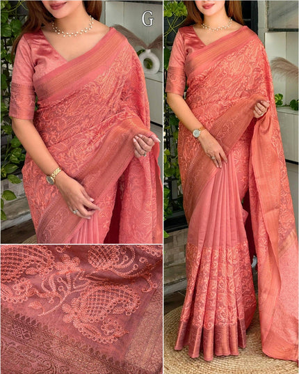 Linen Cotton Saree with Chikankari Thread Embroidery, Zari Weaving Border and Jacquard Pallu with Tassels - Rosepetals Luxe