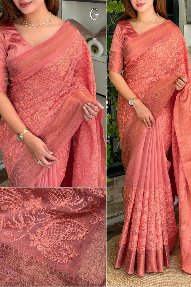 Linen Cotton Saree with Chikankari Thread Embroidery, Zari Weaving Border and Jacquard Pallu with Tassels - Rosepetals Luxe