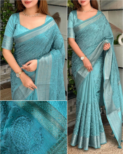 Linen Cotton Saree with Chikankari Thread Embroidery, Zari Weaving Border and Jacquard Pallu with Tassels - Rosepetals Luxe