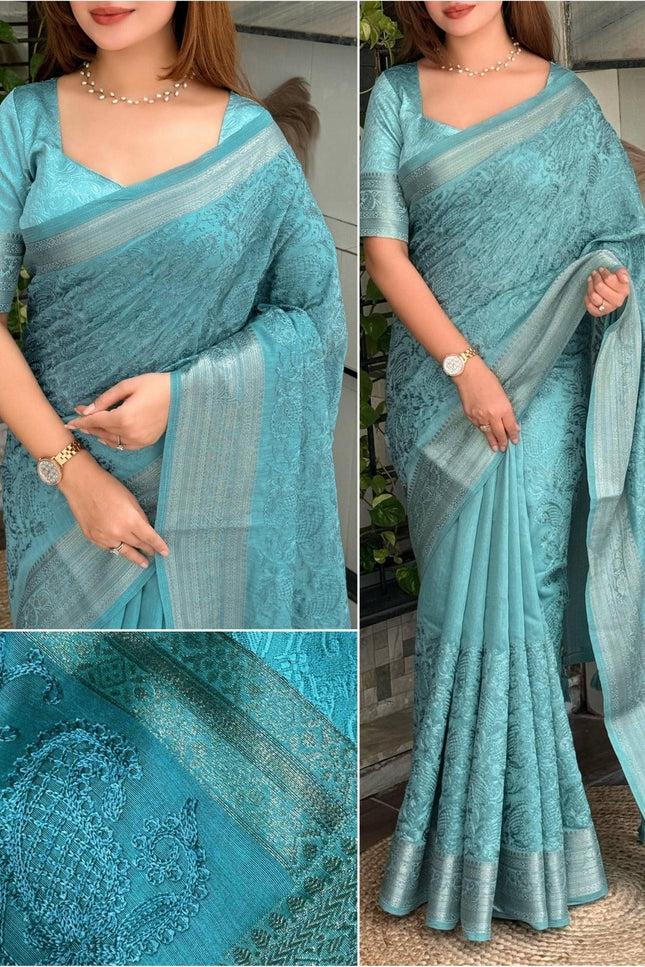 Linen Cotton Saree with Chikankari Thread Embroidery, Zari Weaving Border and Jacquard Pallu with Tassels - Rosepetals Luxe