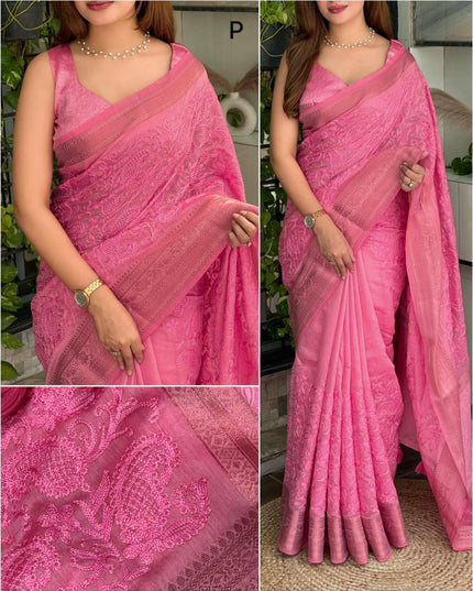 Linen Cotton Saree with Chikankari Thread Embroidery, Zari Weaving Border and Jacquard Pallu with Tassels - Rosepetals Luxe