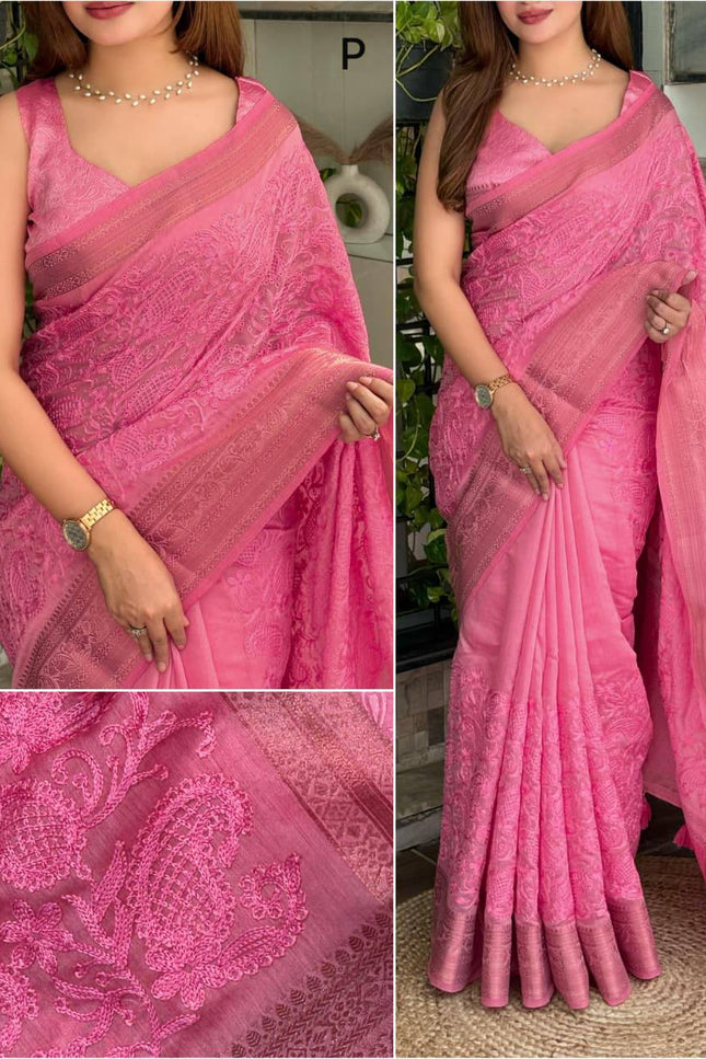 Linen Cotton Saree with Chikankari Thread Embroidery, Zari Weaving Border and Jacquard Pallu with Tassels - Rosepetals Luxe