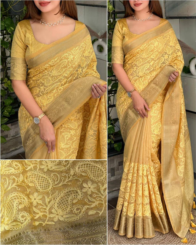 Linen Cotton Saree with Chikankari Thread Embroidery, Zari Weaving Border and Jacquard Pallu with Tassels - Rosepetals Luxe