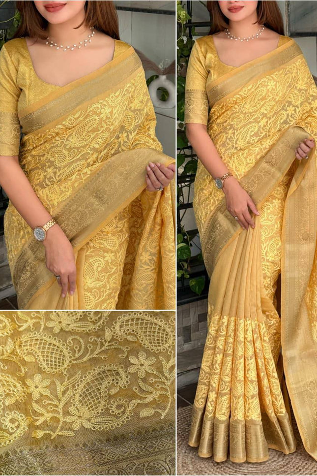 Linen Cotton Saree with Chikankari Thread Embroidery, Zari Weaving Border and Jacquard Pallu with Tassels - Rosepetals Luxe