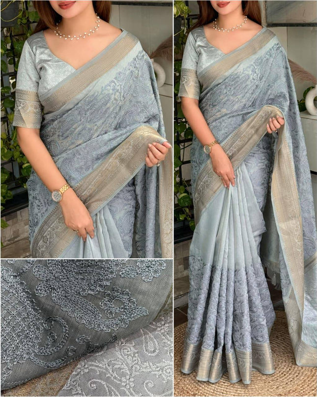 Linen Cotton Saree with Chikankari Thread Embroidery, Zari Weaving Border and Jacquard Pallu with Tassels - Rosepetals Luxe
