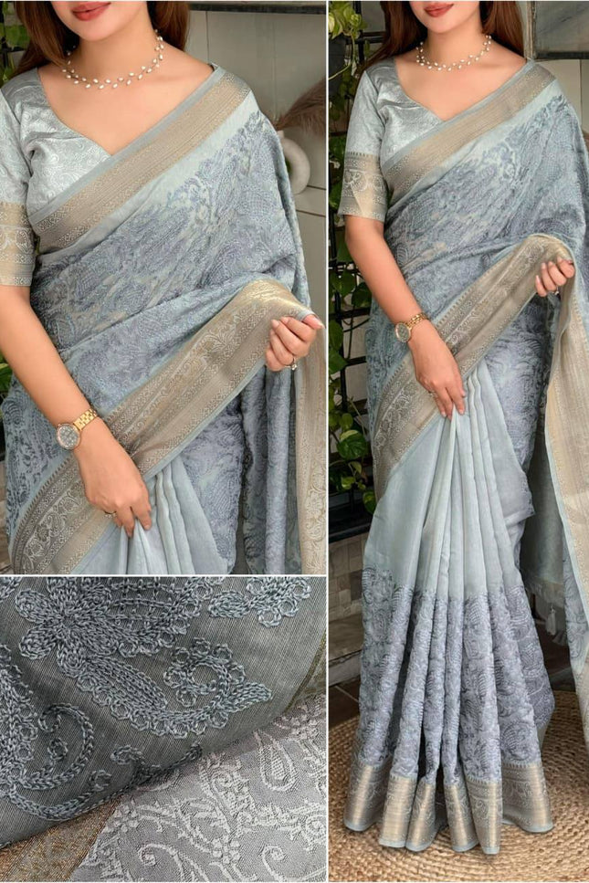 Linen Cotton Saree with Chikankari Thread Embroidery, Zari Weaving Border and Jacquard Pallu with Tassels - Rosepetals Luxe
